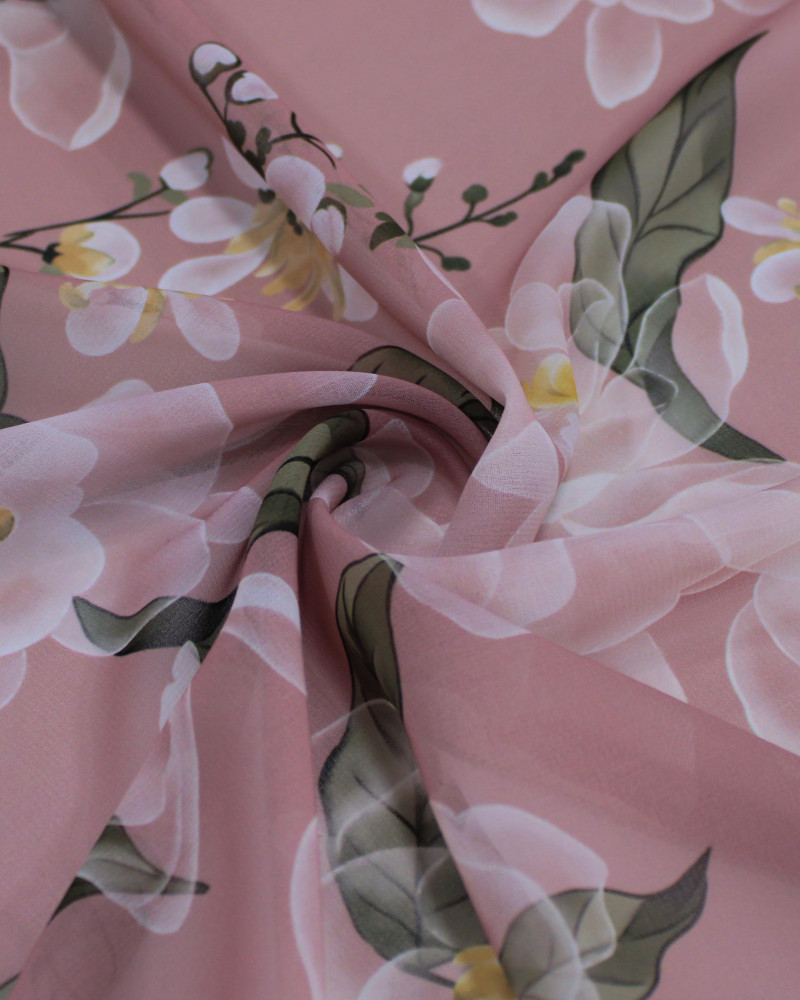 Tecido Crepe Chiffon Italiano Campo de Flores Verde, Branco e Rosé