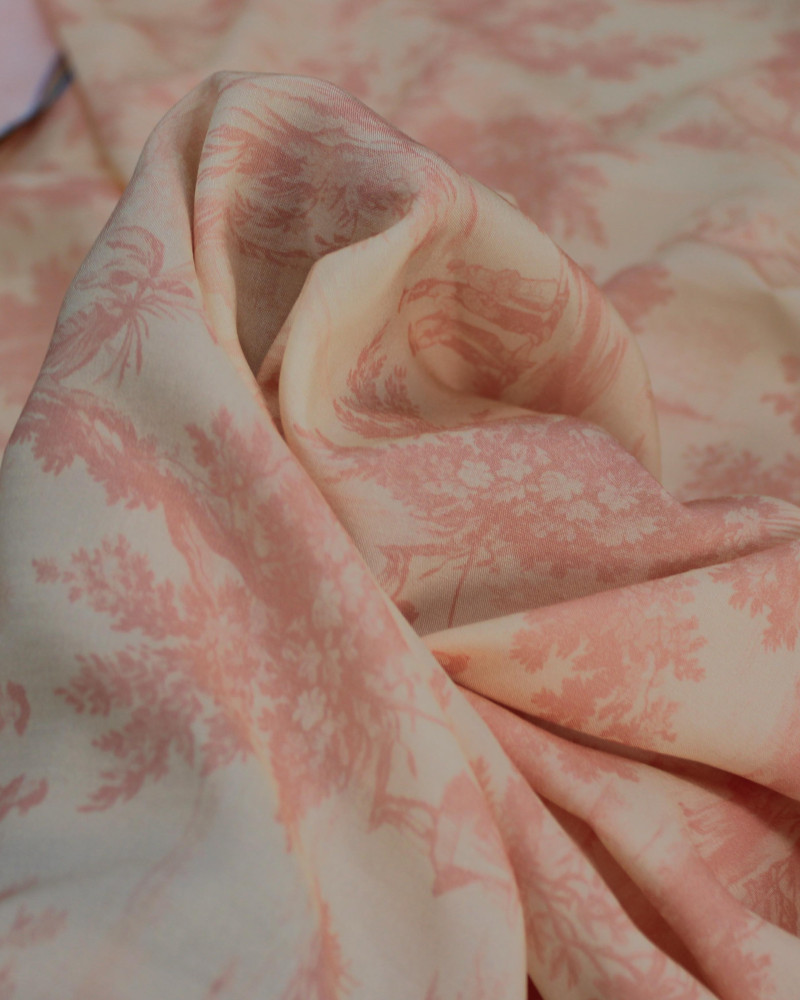 Tecido Viscose Premium Toile de Jouy Rosé e Creme
