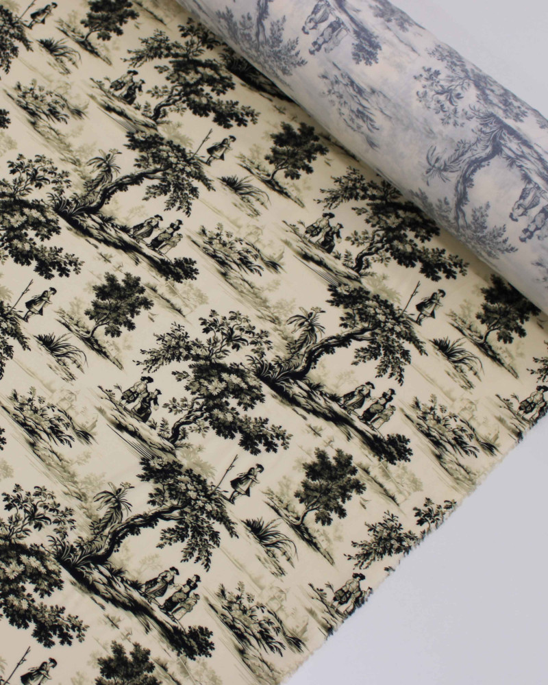 Tecido Viscose Premium Toile de Jouy Preto e Creme