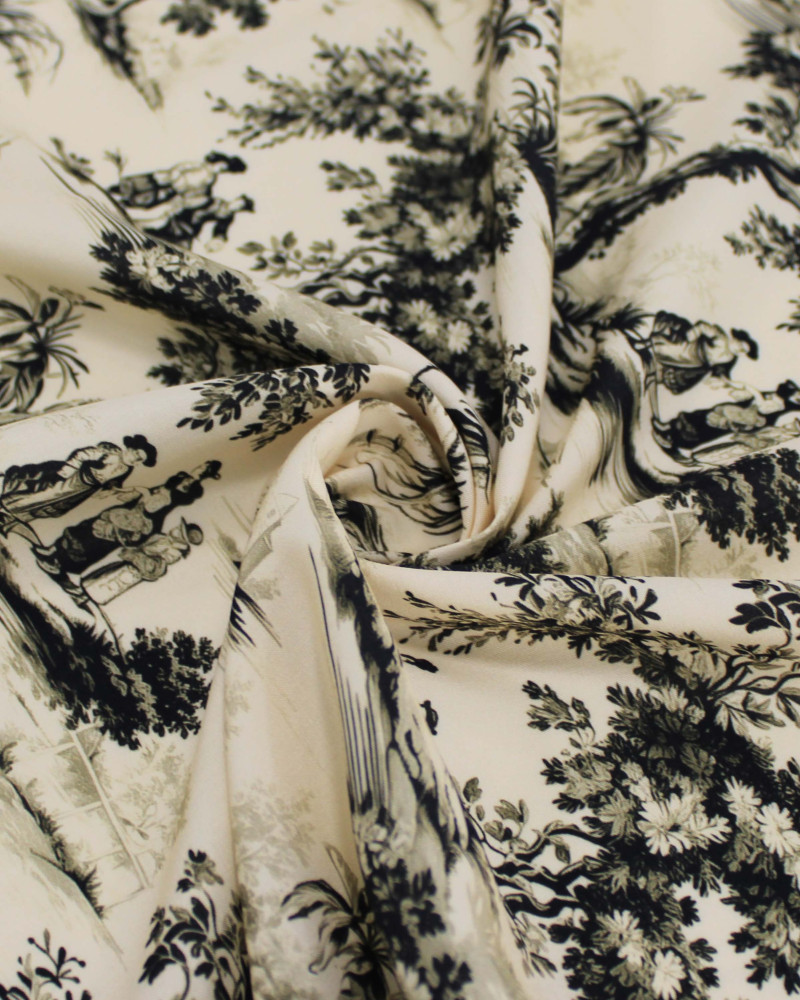 Tecido Viscose Premium Toile de Jouy Preto e Creme