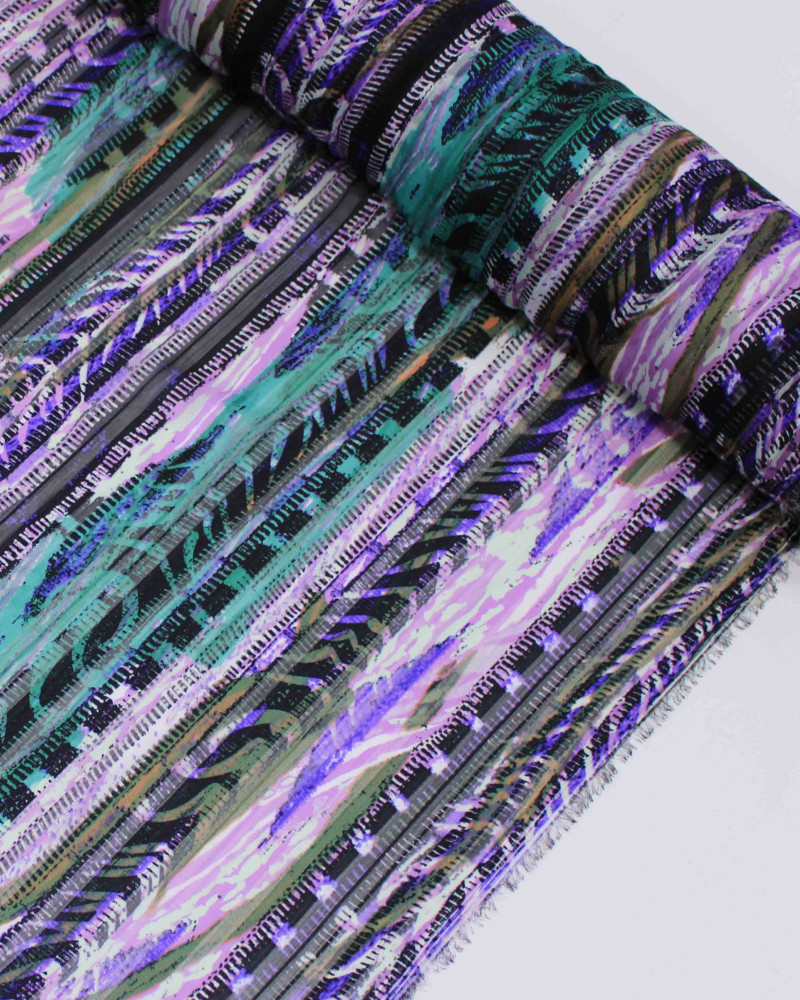 Tecido Crepe Chiffon Brocado Listras Branco, Verde e Tons de Verde