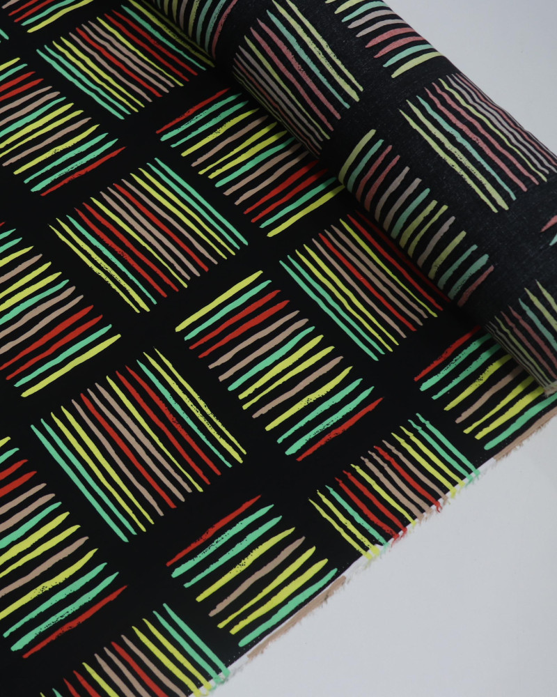 Tecido Viscose Riscos Geométricos Colorido e Preto