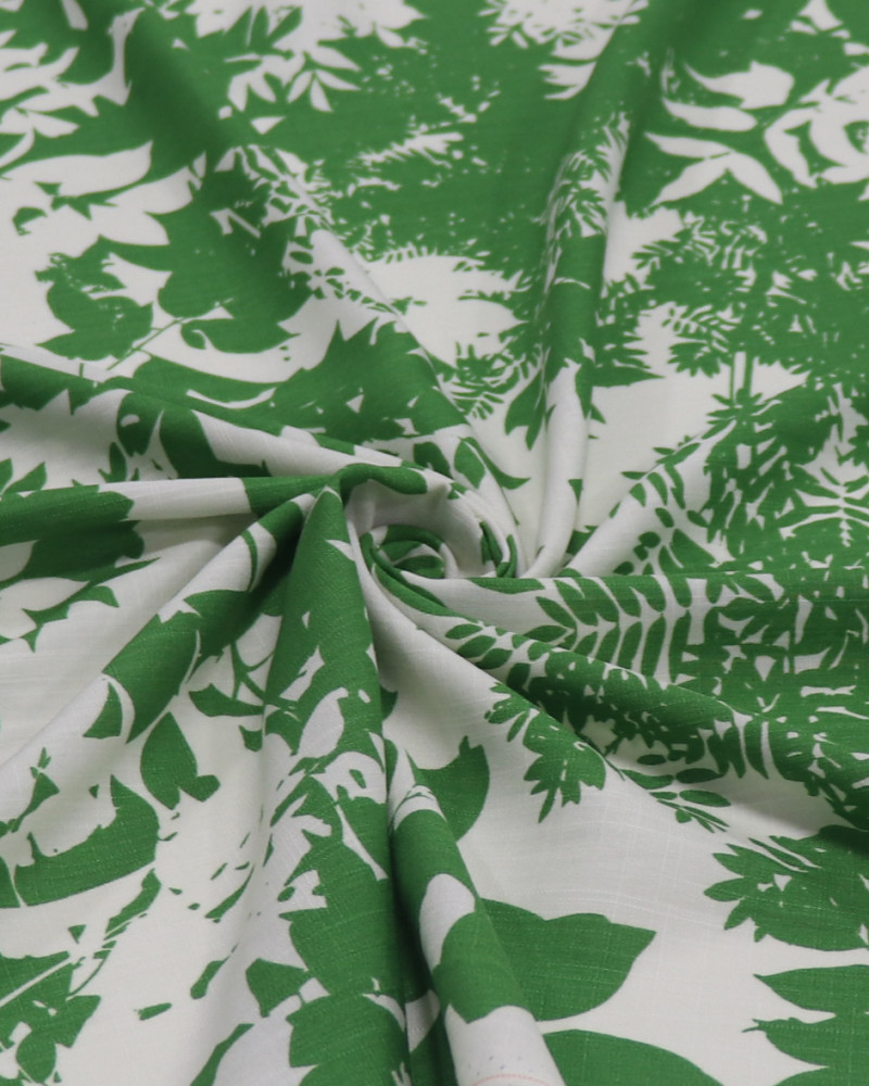 Tecido Viscose Texturizada Folhagens Abstratas Offwhite e Verde
