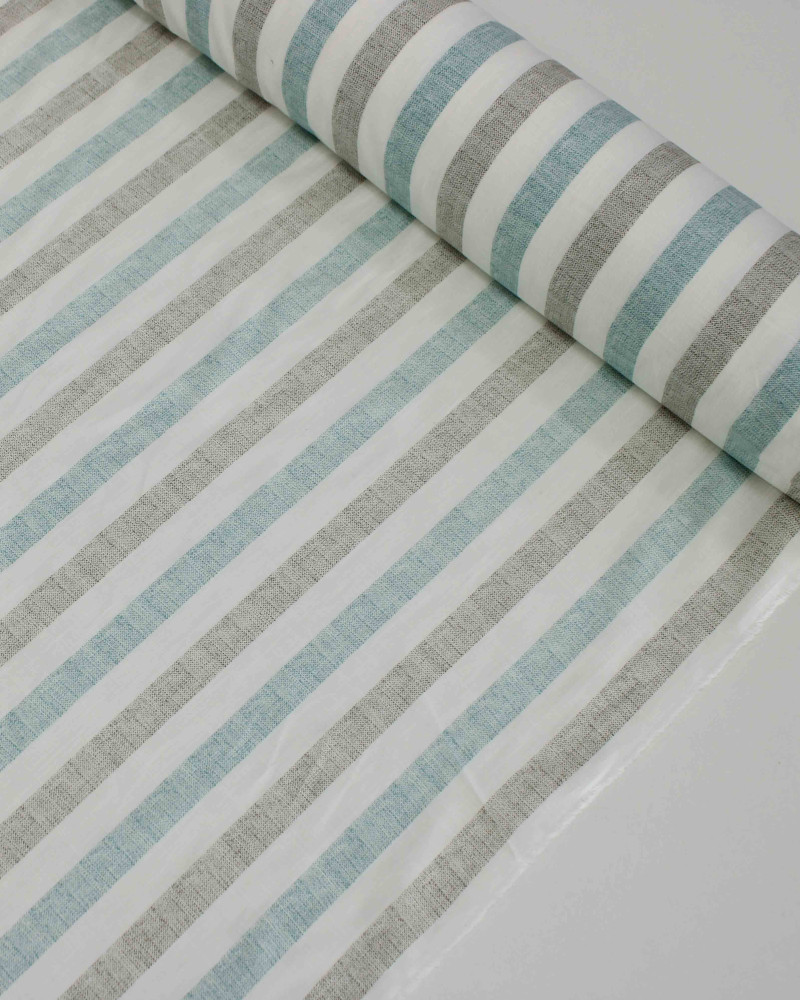 Tecido Tricoline Verano Flamê Listras Cinza, Ciano e Branco