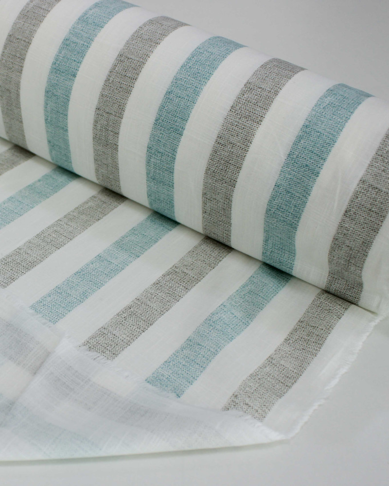 Tecido Tricoline Verano Flamê Listras Cinza, Ciano e Branco