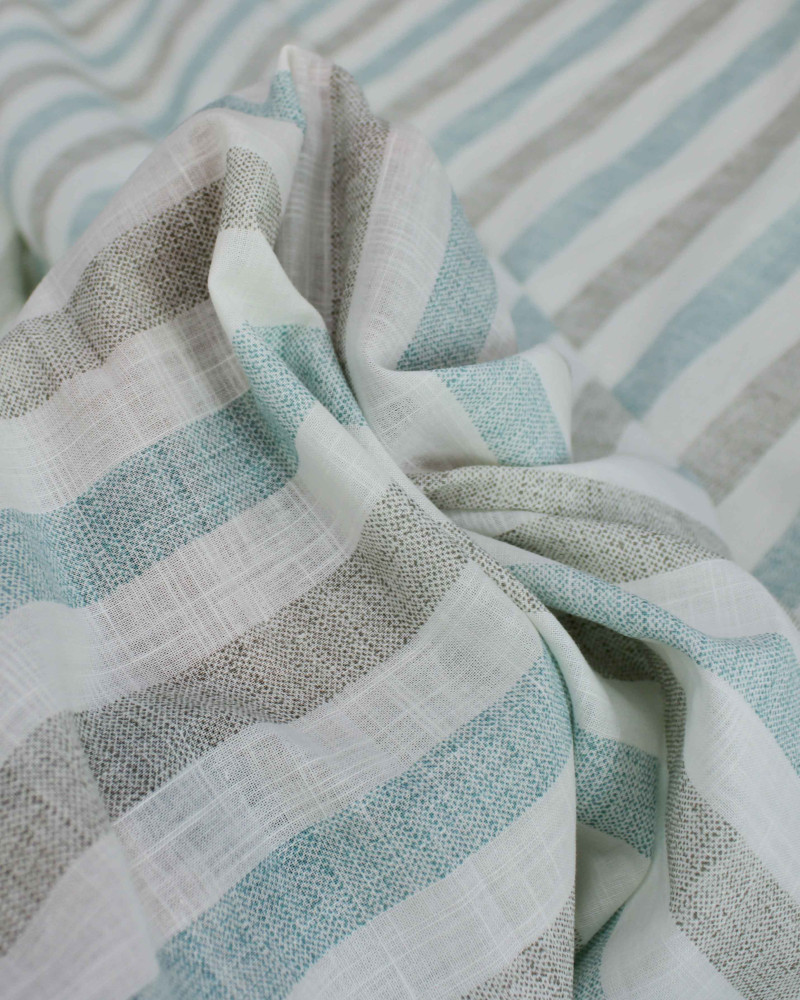 Tecido Tricoline Verano Flamê Listras Cinza, Ciano e Branco