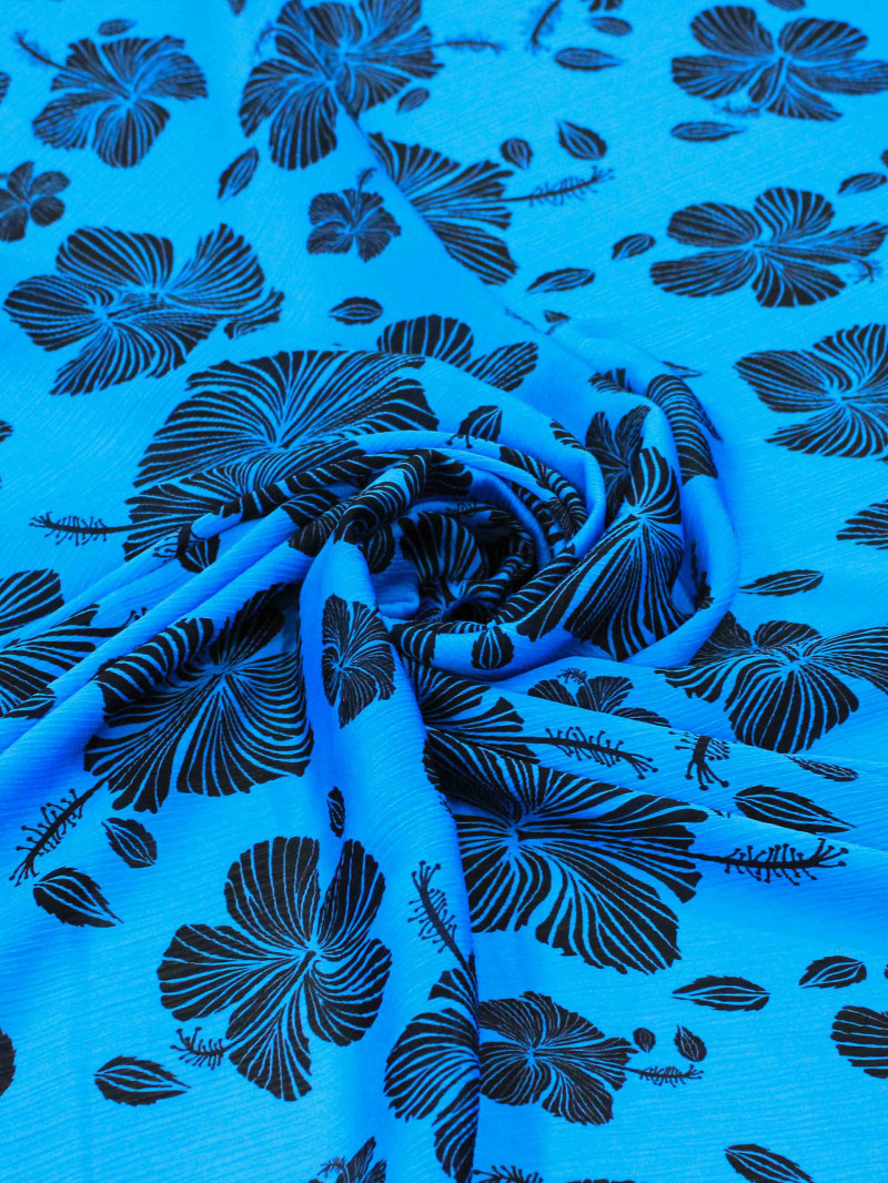 Tecido Crepe Chiffon Italiano Texturizado Flores Azul e Preto