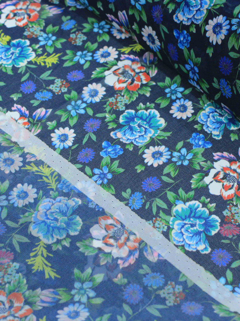 Tecido Crepe Chiffon Italiano Floral Azul
