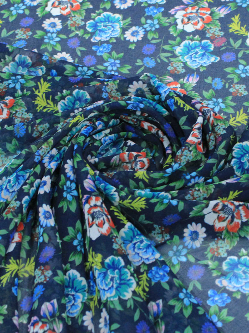 Tecido Crepe Chiffon Italiano Floral Azul