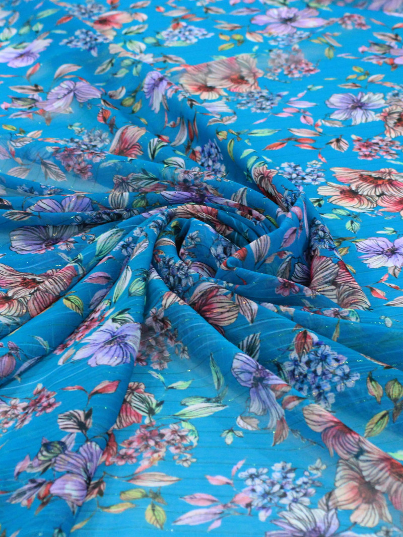 Tecido Crepe Chiffon Italiano com Lurex Floral Azul