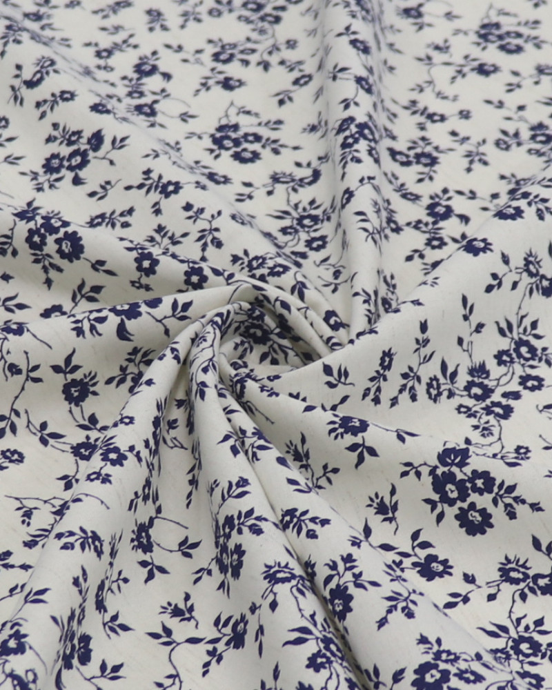 Tecido Linho Misto Camisaria Micro Ramos Florais Azul Marinho e Offwhite