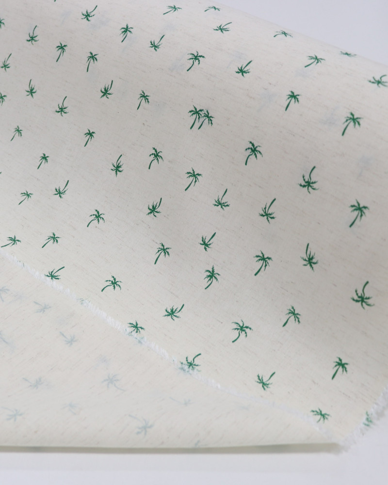 Tecido Linho Misto Camisaria Micro Coqueiros Verde e Cru