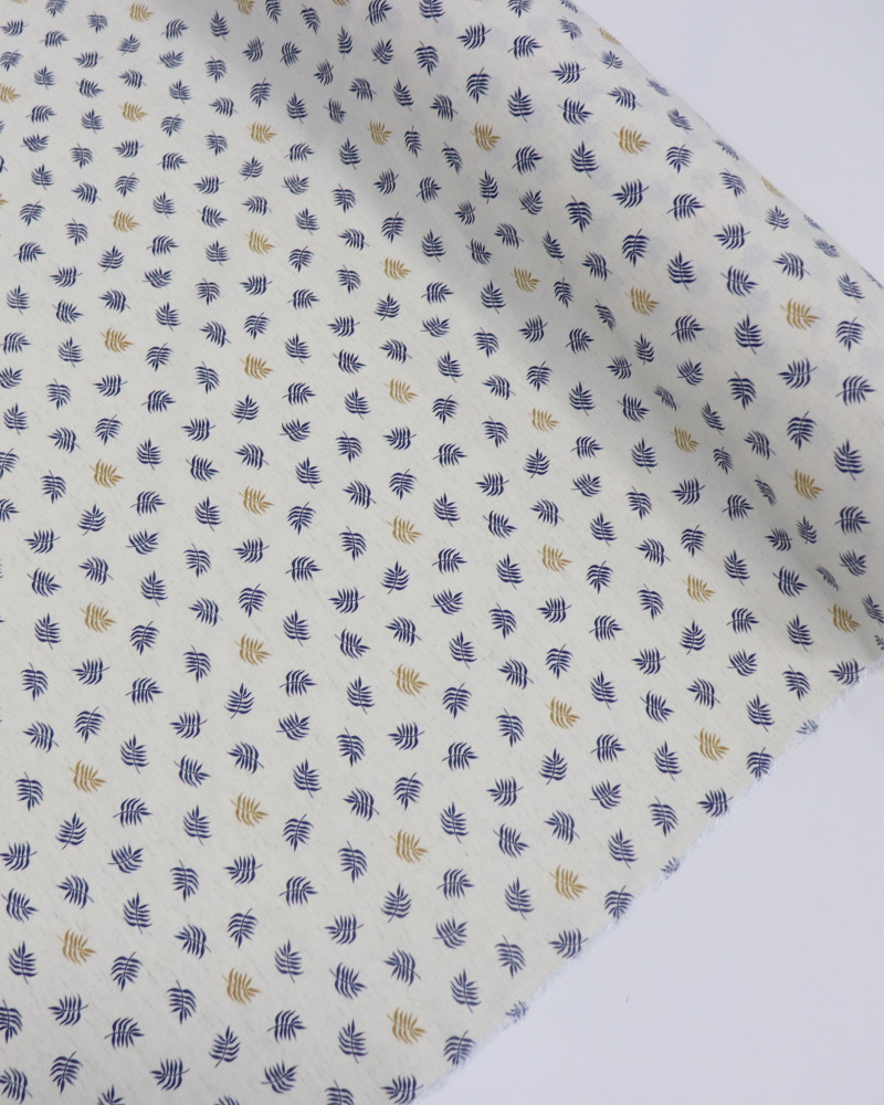 Tecido Linho Misto Camisaria Micro Ramos Azul, Dourado e Cru