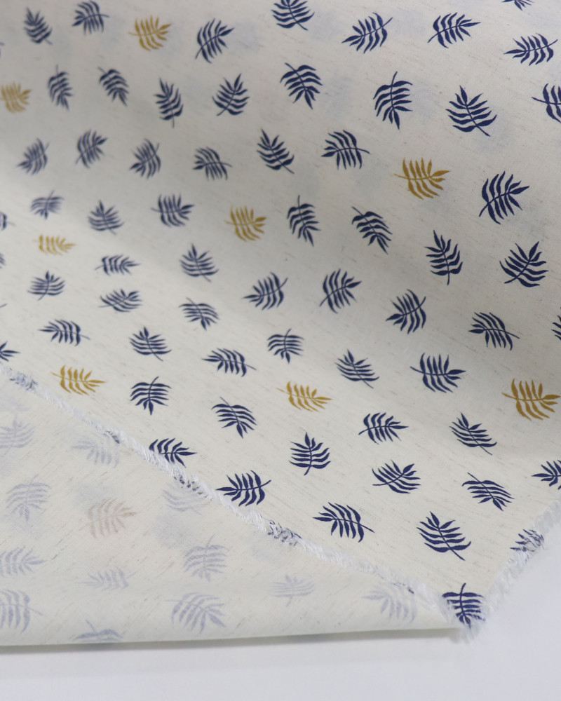 Tecido Linho Misto Camisaria Micro Ramos Azul, Dourado e Cru