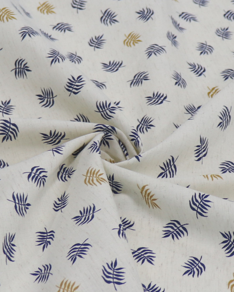 Tecido Linho Misto Camisaria Micro Ramos Azul, Dourado e Cru