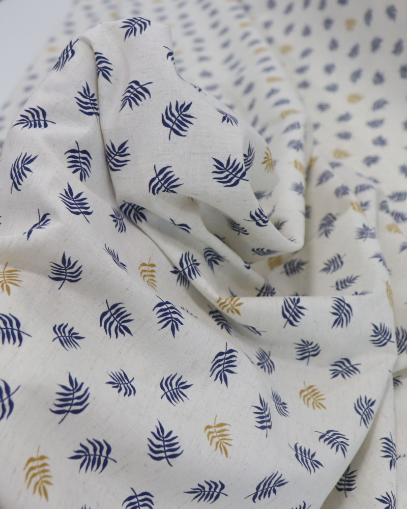 Tecido Linho Misto Camisaria Micro Ramos Azul, Dourado e Cru