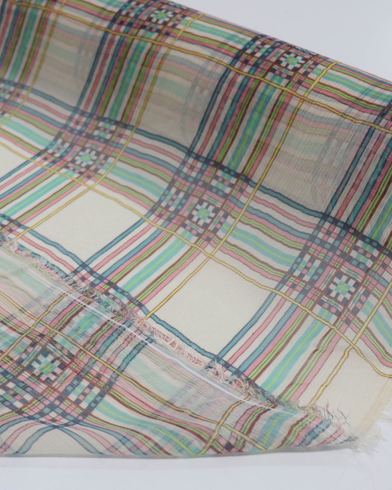 Tecido Crepe Chiffon Italiano Multi Quadriculado Colorido e Bege