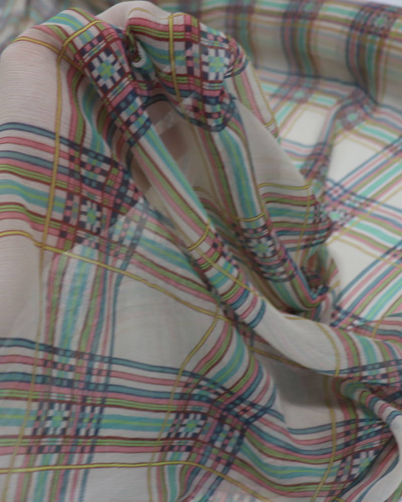 Tecido Crepe Chiffon Italiano Multi Quadriculado Colorido e Bege