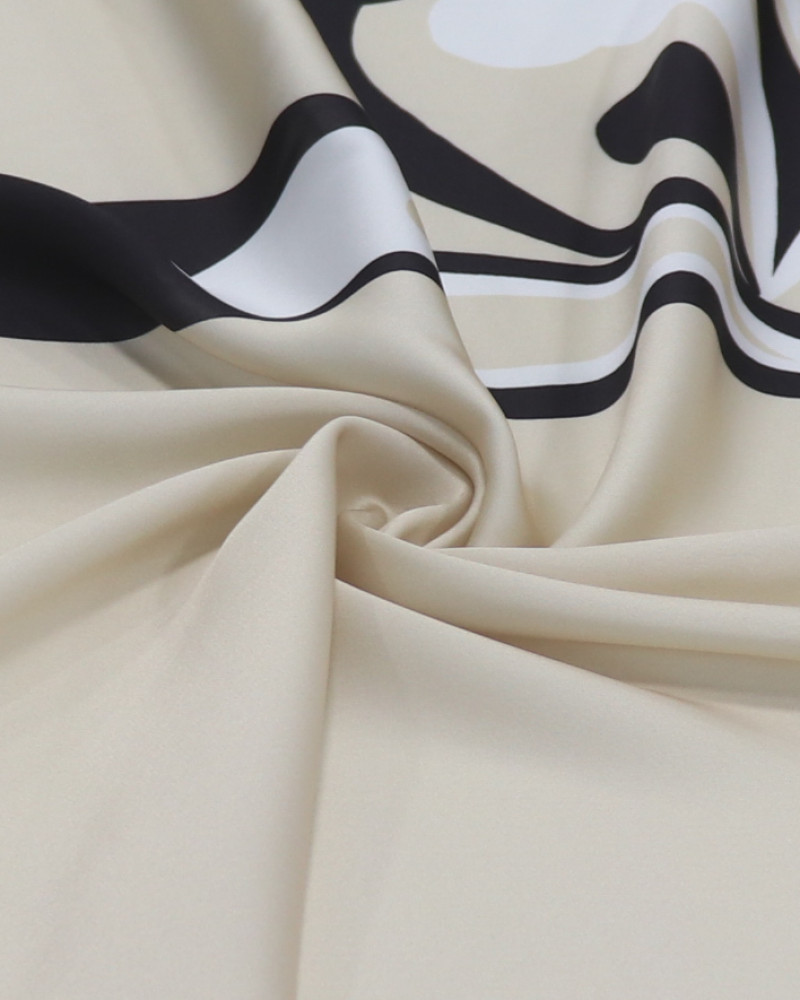 Tecido Crepe Silk Italiano Macro Ramos Abstratos Branco, Preto e Pérola