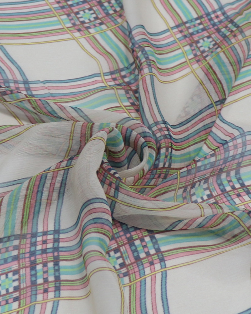 Tecido Crepe Chiffon Italiano Multi Quadriculado Colorido e Bege