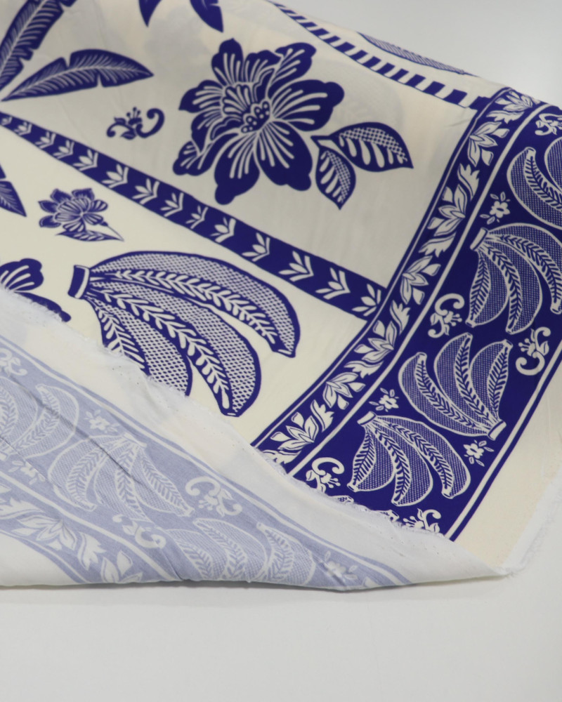 Tecido Viscose Barrado Duplo Brasilidade Tropical Azul e Offwhite