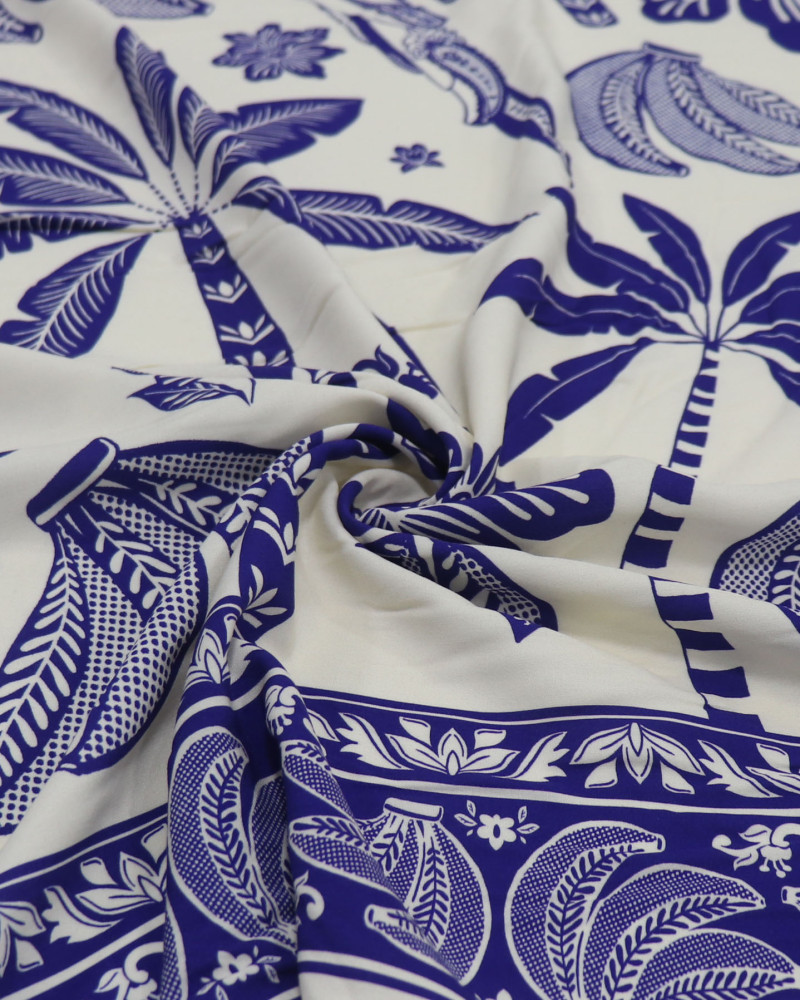 Tecido Viscose Barrado Duplo Brasilidade Tropical Azul e Offwhite