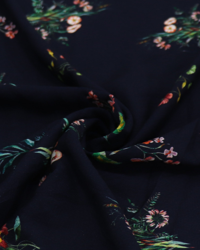 Tecido Crepe de Viscose Ramos Florais Colorido e Azul Marinho