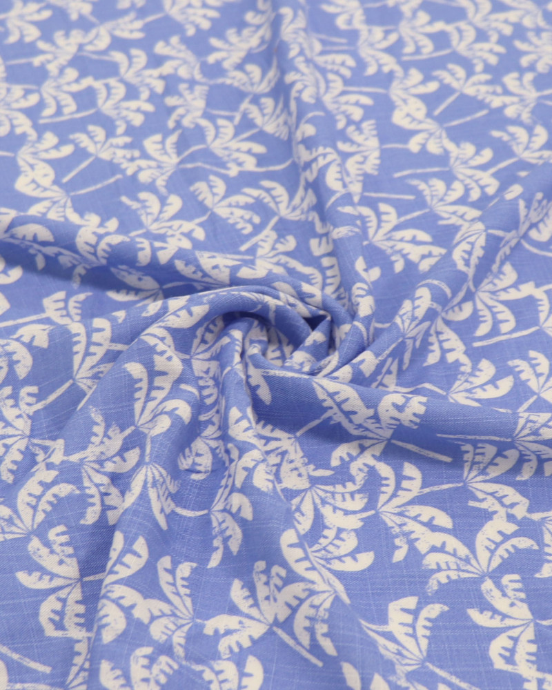 Tecido Viscose Texturizada Micro Palmeiras Branco e Azul Celeste
