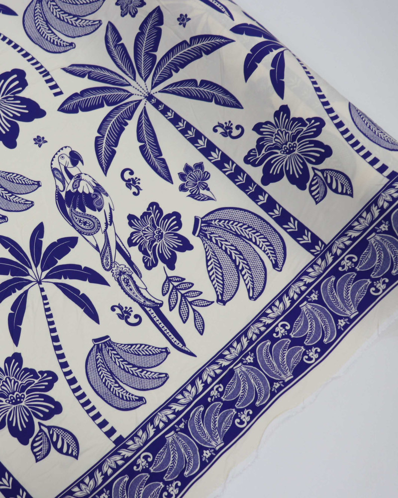 Tecido Viscose Barrado Duplo Brasilidade Tropical Azul e Offwhite