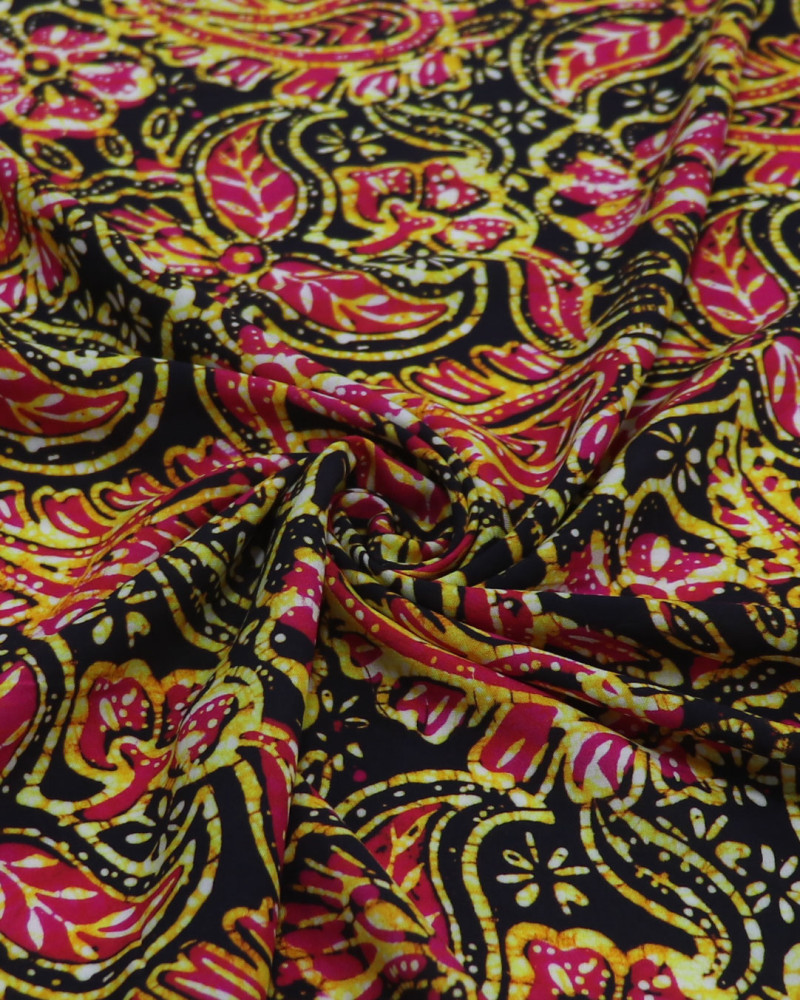 Tecido Viscose Fina Italiano Foral em Cashmere Rosa, Amarelo e Preto