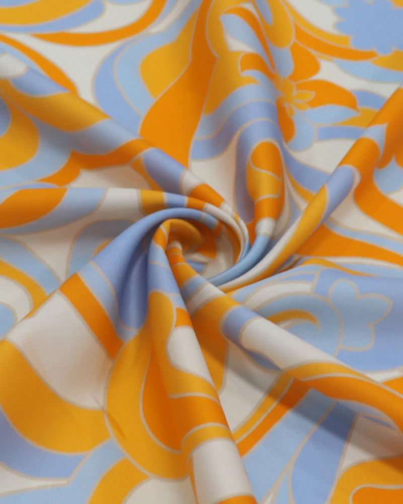 Tecido Viscose Acetinada Italiano Arabesco Floral Laranja, Azul e Offwhite (1,40m x 1,47m)
