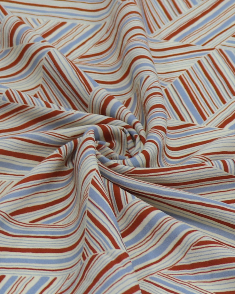 Tecido Crepe de Viscose Italiano Listras Geométricas Azul, Vermelho e Creme