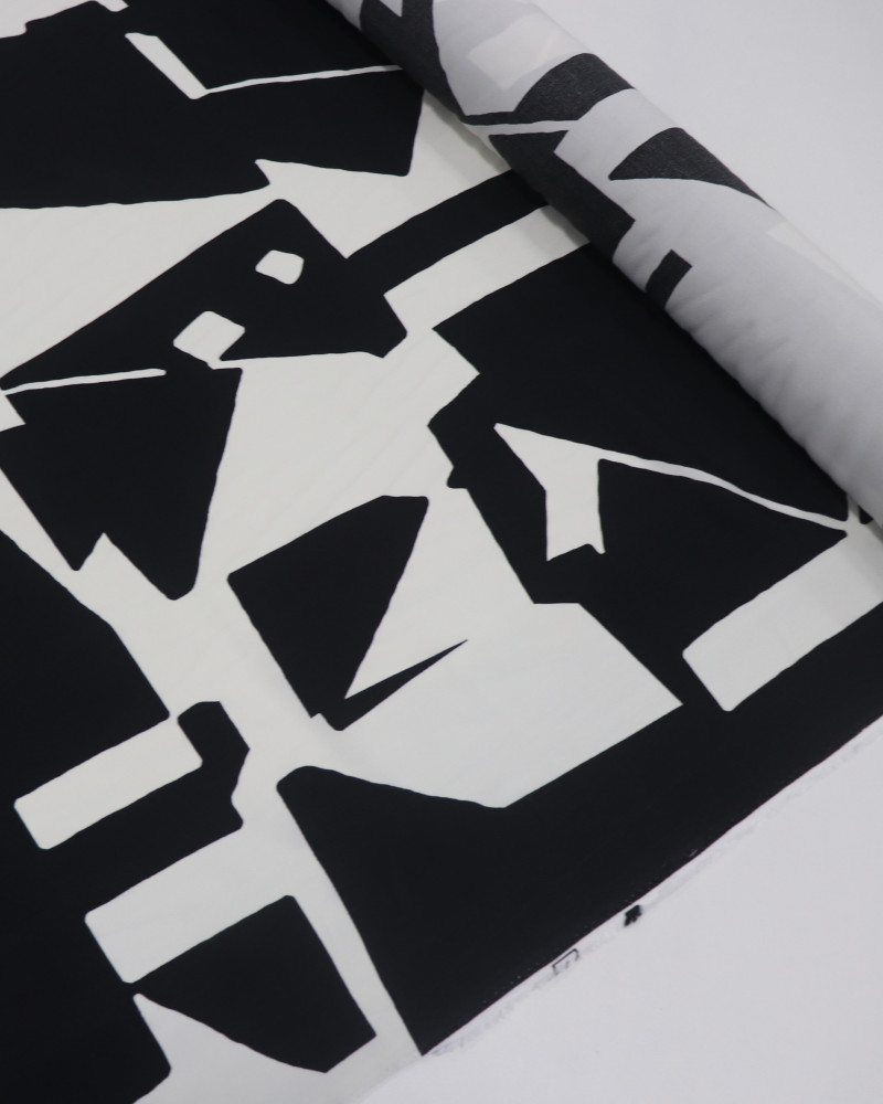 Tecido Crepe de Viscose Italiano Estampa Abstrata Preto e Offwhite