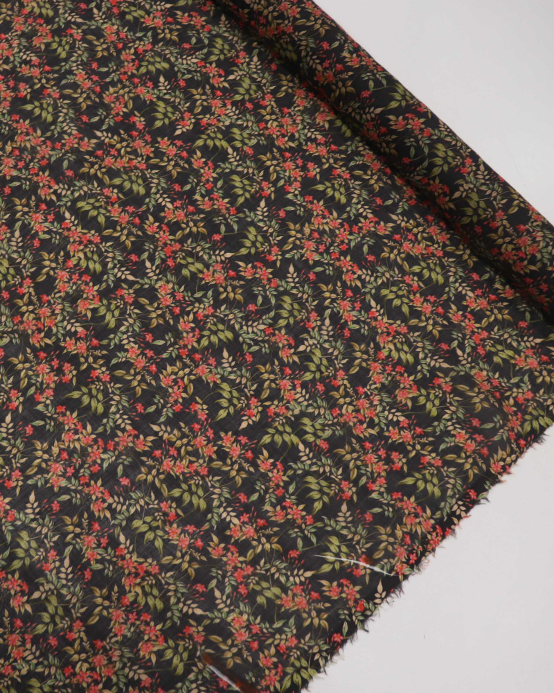Tecido Cambraia de Linho Italiano Ramos Florais Vermelho, Verde e Preto