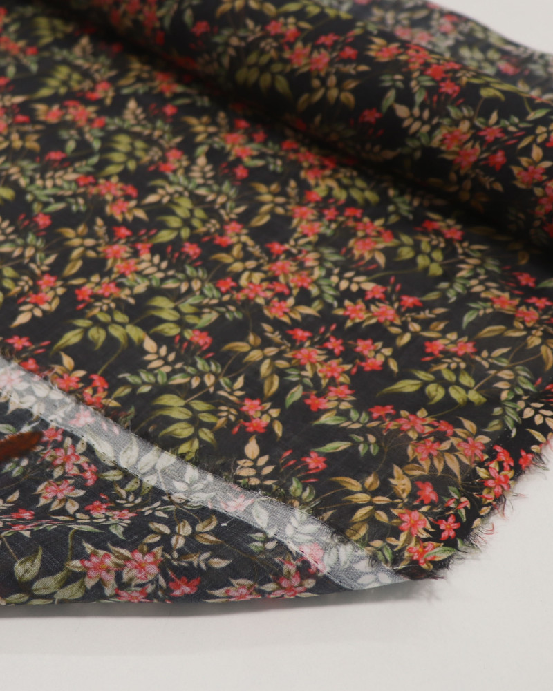 Tecido Cambraia de Linho Italiano Ramos Florais Vermelho, Verde e Preto