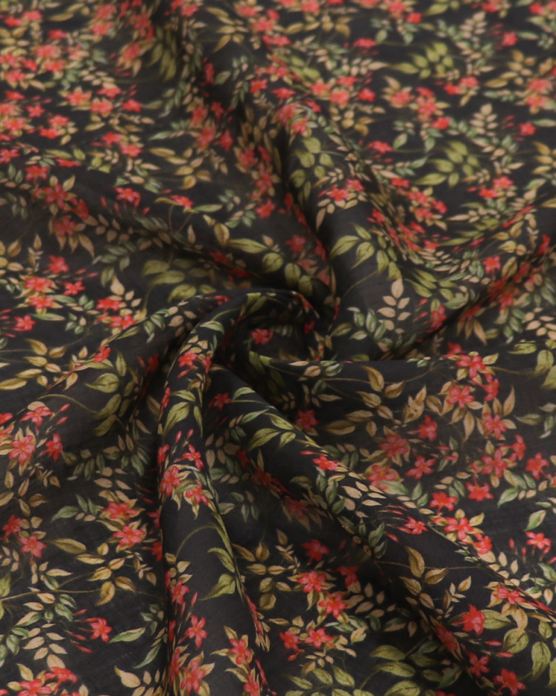 Tecido Cambraia de Linho Italiano Ramos Florais Vermelho, Verde e Preto