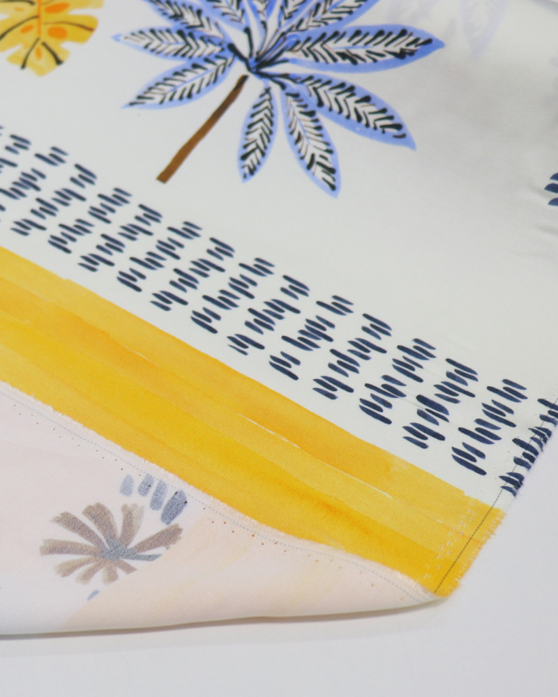 Tecido Viscose Acetinada Italiano Barrado Vertical e Folhas Azul, Amarelo e Offwhite