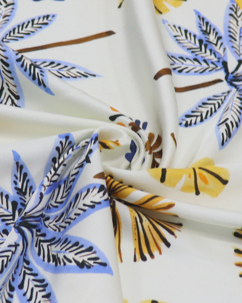 Tecido Viscose Acetinada Italiano Barrado Vertical e Folhas Azul, Amarelo e Offwhite