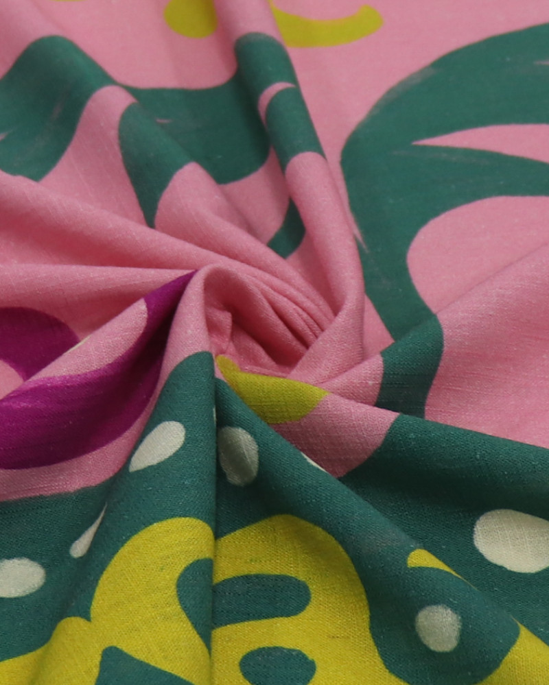 Tecido Linho Puro Italiano Barrado Duplo Estampa Tropical Verde e Rosa