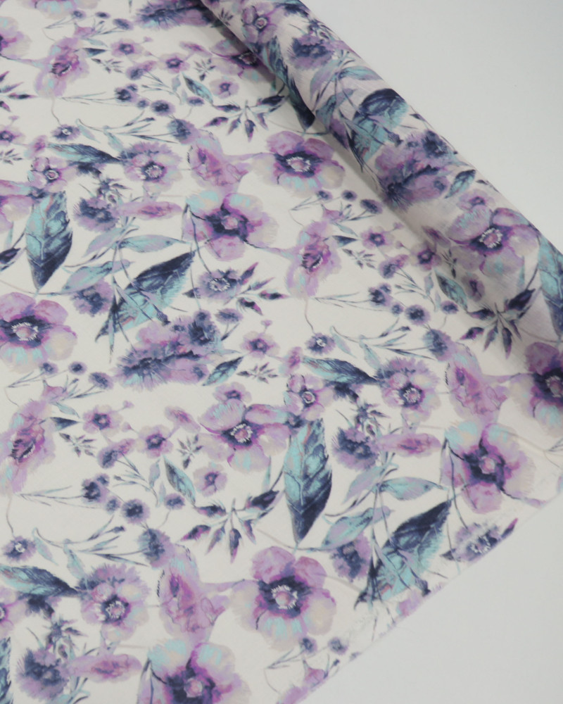 Tecido Linho Puro Italiano Campo Floral Lavanda, Azul e Branco