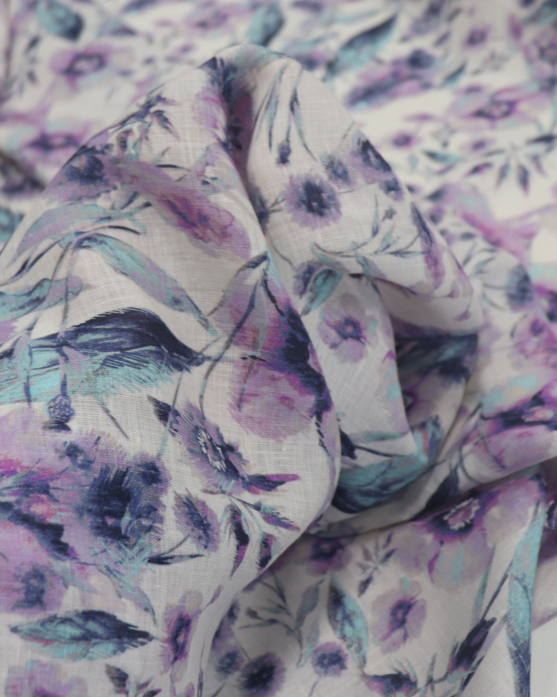 Tecido Linho Puro Italiano Campo Floral Lavanda, Azul e Branco