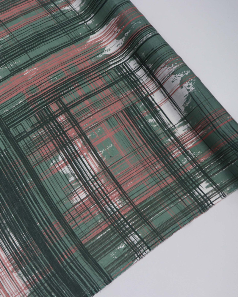 Tecido Linho Puro Italiano Listras Abstratas Branco, Coral e Tons de Verde