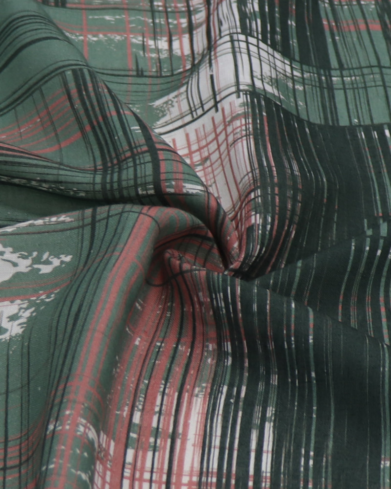 Tecido Linho Puro Italiano Listras Abstratas Branco, Coral e Tons de Verde