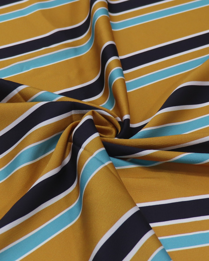 Tecido Crepe de Viscose Italiano Multi Listrado Branco, Azul, Preto e Caramelo