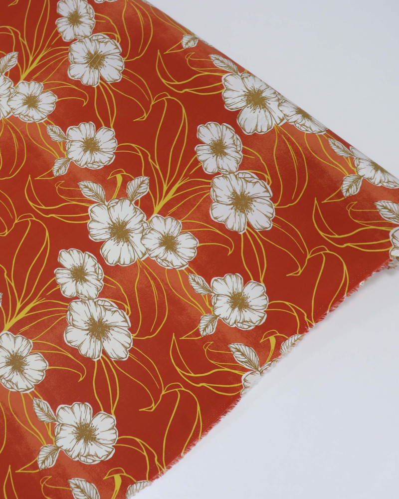 Tecido Viscose Portulacas Offwhite, Amarelo e Laranja Estonado