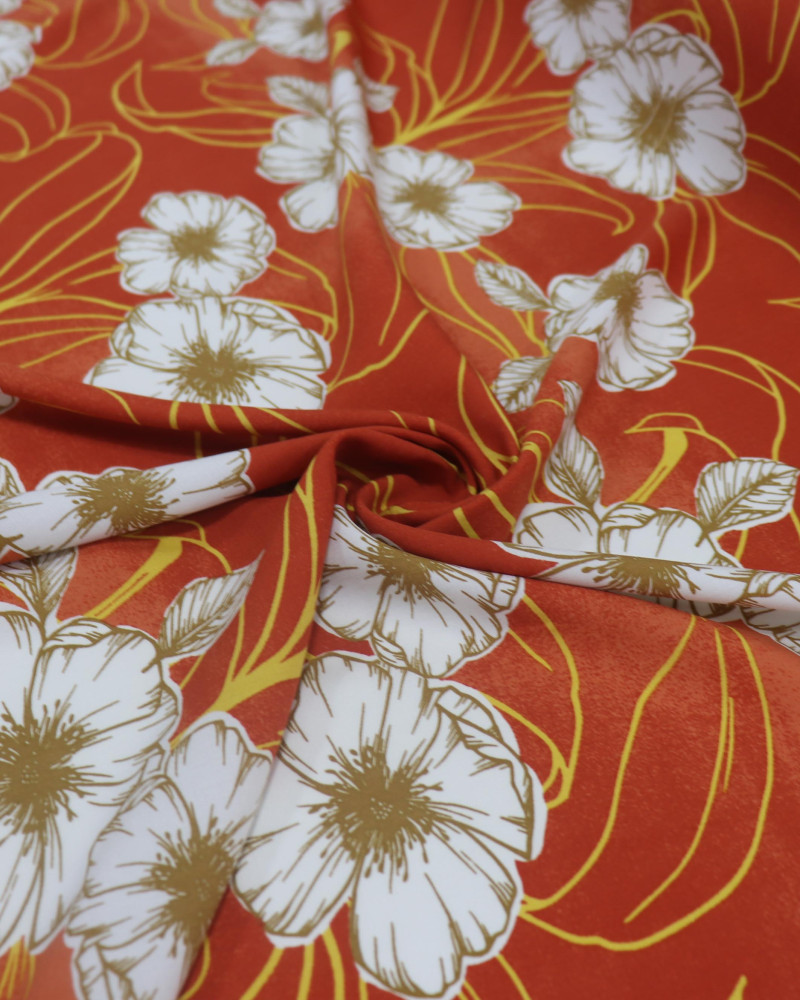 Tecido Viscose Portulacas Offwhite, Amarelo e Laranja Estonado