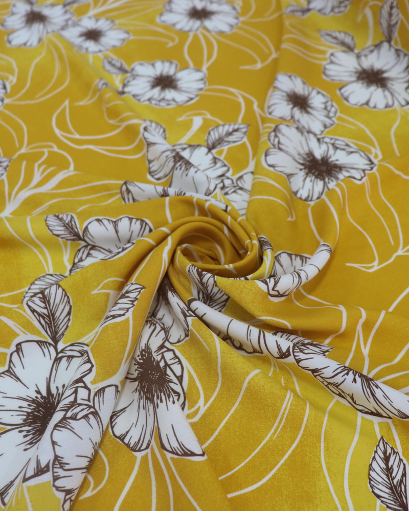Tecido Viscose Portulacas Offwhite e Amarelo Queimado