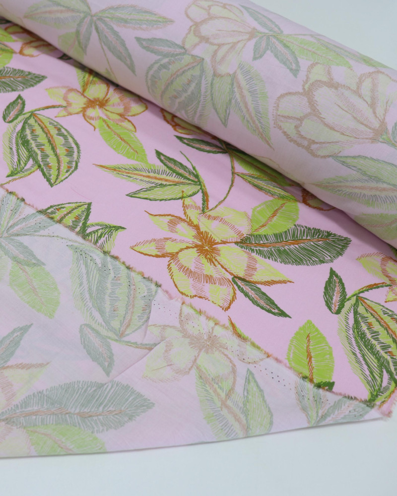 Tecido Viscose Flores em Rabisco Amarelo Verde e Rosa Bebê