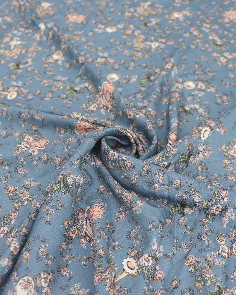 Tecido Viscose Texturizada Liberty e Desenhos Rosê e Azul
