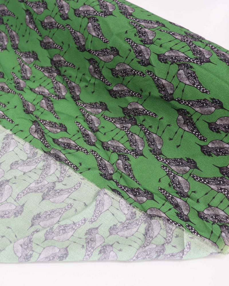 Tecido Crepe de Viscose Pássaros Preto, Branco e Verde Musgo (0.5m)